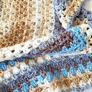 Crochet BABY BLANKET AFGHAN Lap Granny Square 29"x 29" Beige Blue Gray Brown New